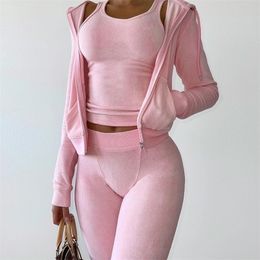 Womens Two Piece Pants Cropped Jacket Tracksuit Velvet Two Piece Set Elegant 2 Pieces Sets Women Luxury Outfit Sweatsuit Velour Zip Up Hoodie Jackets 221007