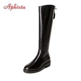 Boots Aphixta Winter Warm Long Womens High Metal Lock Catch Shoes Zipper Platform 45cm Square Heel Botas Mujer 221007