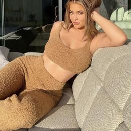 Women's Sweaters Women's Fur Two Piece NICE Plush Outfits Sexy Backless Crop Tops Women's Matching Set Top And High Waist Pants