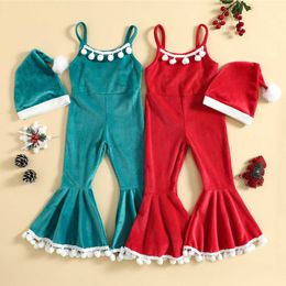 Rompers 15Y Fashion Toddler Baby Girls Christmas Romper Plush Ball Tassel Sleeveless Sling Flare Pants Jumpsuit Hat J220922
