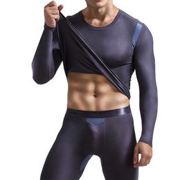 Men s Thermal Underwear Autumn Winter Long Johns Set Man Sexy Ice Silk Mesh Hollow Penis Pocket Leggings Tops Suit Male Lounge 221007