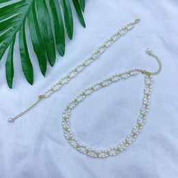 Necklace Earrings Set Spring Summer 3-4mm Bright Millet Beads White Freshwater Rice Pearl Hand-woven Lace Bracelet Fashion Jewellery