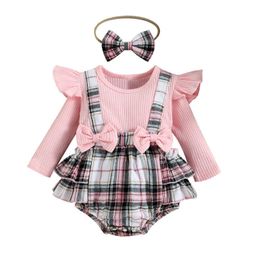 Rompers Newborn Baby Girls Plaid Ruffle Knitting Romper Long Sleeve Jumpsuit Headband Toddler Girl Outfit Clothing J220922