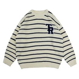 Mens Sweaters Harajuku Letter Embroidery Striped Round Neck Knitted Sweater Mens Pullover Korean High Street Casual Oversize Couple Sweaters 221008