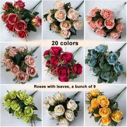 Decorative Flowers 9 Heads Artificial Silk Retro Rose Flower Wedding Decoration Fake Bouquet Buch Home Party Decor