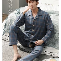 Men's Sleepwear Spring 100 Cotton Pyjamas Men Lounge Blue Plaid Pijama Man's Warm Bedgown Home Clothes PJ Pure Hombre Invierno 221007