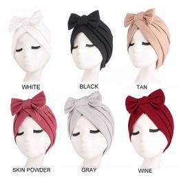 Solid Colour Bow Muslim Turban Cap Inner Hijab Cap Elastic Beanies Hat Indian Woman Wrap Head Hats for African