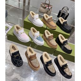 Designer Casual Shoes Women Loafers Classic Vintage Loafer Metal Button Wool Shoe Winter Fur Fluffy Sandals Platform Mules Size 35-42