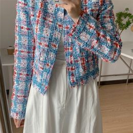 Womens Jackets Women Jacket Spring Summer Blue and White Plaid Tweed Cropped Crewneck Jacket Top Women Coat 221007