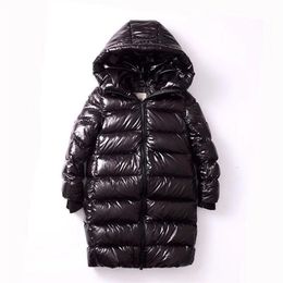 Down Coat Winter Children Long Thick Jacket Boys And Girls Over The Knee Bright Kids Hooded Warm Parkas Outwear 4 14T 221007