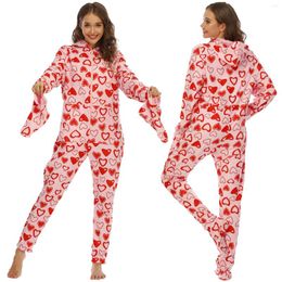 Women's Sleepwear Women's Fleece Pyjamas Jumpsuit Love Printed Hooded Jumpsuits Rompers Clubwear Nightwear H Suit