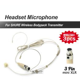 3pcs/lot Professional 3pin XLR TA3F Headset Headworn Cardioid 3 pin Condenser Microphone For Shure Wireless Bodypack Transmitter