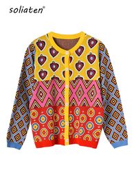 Brand Designer Womens Cardigan 2022 Vintage Contrast Geometric Heart Single Breasted Round Neck Open Stitch Cardigan C-107