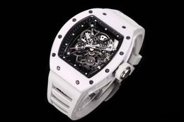 Men's mechanical watch barrel shaped 50/43/16mm white carbon Fibre case fully automatic wind up super high-quality hollow movement rubber belt luxury watch