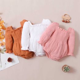 Rompers Baby Girl Solid Colour Romper Toddler Square Collar Casual Chest Pleated Clothes Distorted Cuffs Cross Snaps Jumpsuits J220922