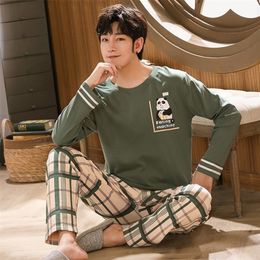 Men's Sleepwear Spring and autumn men's cotton letter lattice pajamas cartoon Pajamas Sets casual Large size for men 221007