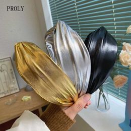 Headbands PROLY New Fashion Women Headband Gold Silver Wide Side Hairband Shining Leather Turban Solid Color Hair Accessories Wholesale T221007