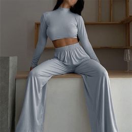 Women's Two Piece Pants Insta Wide Leg Pant Women Two Piece Set Long Sleeve Solid Autumn Casual Outfit Matching Set Casual Homewear Crop Top Set 221007