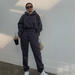 Womens Two Piece Pants Hoodies Suit Winter Spring Solid Casual Tracksuit Women Fleece 2Pieces Set Sports Sweatshirts Pullover Sweatpants Oversized Suit 221007