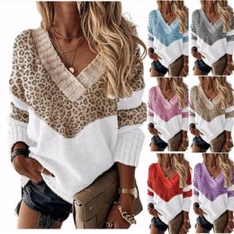 Women's Sweaters Women's Fashion Casual Sweater 2022 Color Matching Striped Autumn And Winter Leopard V-Neck Long Sleeve Pullover Top