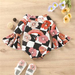 Rompers 024M Autumn Baby Girl Costumes Newborn Clothes Baby Girl Romper Floral Plaid Print Flare Long Sleeves Jumpsuit playsuit J220922