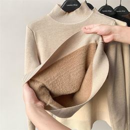 Women's Knits Tees Vintage Turtleneck Winter Sweater Casual Knitted Pullovers Fashion Clothes Simple Fleece Lined Warm Knitwear Woman Base Top 221007