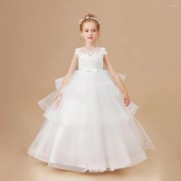 Girl Dresses Girls White Wedding Children Clothing Princess Sleeveless Baby Kids Birthday Party Clothes Appliques Tiered Dress