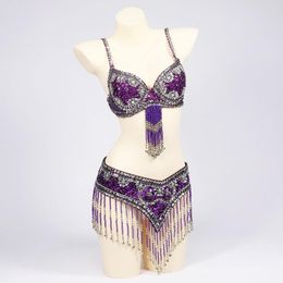 Stage Wear Metallic Sound Tinkle Women Oriental Style Sequins Beaded Bra And Belt 2pcs Rhinestones Bells Belly Dance Costume Set With