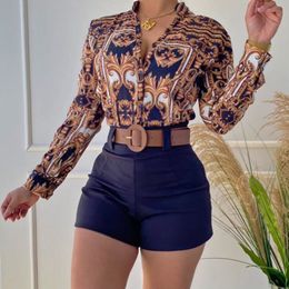 2023 Print Two Piece Pants Women Casual Shirt and Shorts 2Pcs Set Long Sleeved Outfits Free Ship
