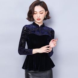 Ethnic Clothing Ladies Chinese Tops 2022 Spring Cheongsam Top Retro Shirt Patchwork Long Sleeve T Style Women 10373