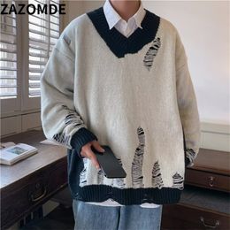 Mens Sweaters ZAZOMDE Men Hip Hop Streetwear Hole Sweater Retro Harajuku Sweater Knitted Pullovers Ripped Sweater Oversized Winter Clothes Men 221008