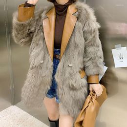 Women's Fur 2022 Autumn Winter Korean Faux Coat Women PU One Tops Mid-Length Outerwear Warm Parka Female Jacket