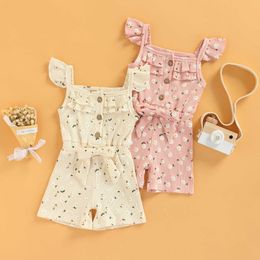 Rompers 2022 Summer Clothes Toddler Kid Girls Playsuit Square Neck Fly Sleeves Bow Ribbed Flowers Printed Jumpsuit Rompers J220922