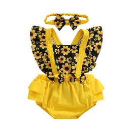 Rompers Baby Girls Clothes Casual Romper Sleeveless Backless Sunflower Printed Disturbed Short Jumpsuit With Headband J220922