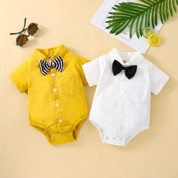 Rompers Baby Boy Summer Jumpsuit Tops Short Sleeve Lapels Casual Party Chest Pocket Buttons Bodysuit With Bowtie Clothing J220922