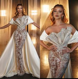 Glamorous Illusion Mermaid Wedding Dresses Lace Beading Off Shoulder Bridal Gown Custom Made with Overskirts Princess Wedding Gowns