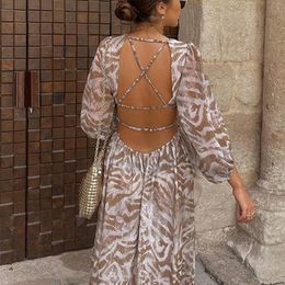 Casual Dresses Women Elegant Print Backless Summer Boho Long Sleeve Floral Hollow Out Loose Beach Vacation Lady 221007