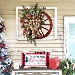 Farmhouse Wagon Wheel Wreath 30cm Christmas Winter Door Hanging Home Outdoor Decoration New Year Gift Christmas Decoration 2023 G230518