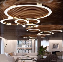 Pendant Lamps LED Round Restaurant Chandelier Post Modern Minimalist Atmosphere Stainless Steel Ring Lobby El Engineering Fixture