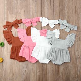 Rompers 2020 Summer Newborn Baby Girl Boy 2 Piece Jumpsuit Fly Sleeves Clothes Ruffle Linen Romper Headband Casual Cute Outfits J220922