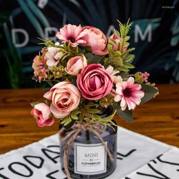 Decorative Flowers Artificial Nordic Handmade Simulation Roses Wedding Home Decoration Pearl Bud Bouquet 30CM