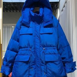 Women's Down Parkas Fitaylor Winter Women Hooded Short Down Coat Lady Soft Loose 90% White Duck Down Jacket Blue Adjustable Waist Parkas Outwear 221007