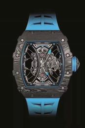 Men's mechanical watch barrel shaped 50/43/16mm black carbon Fibre case fully automatic winding Japanese original hollow movement rubber belt luxury watch