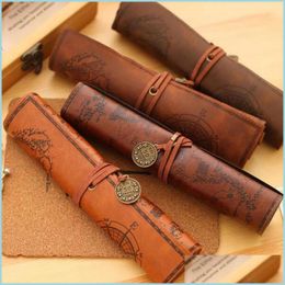 Pencil Bags Treasure Map Leather Pu Retro Pencil Bag Cosmetic Roll Pen For Student Gifts Stationery Brush Makeup Supplies Drop Delive Dhp4I