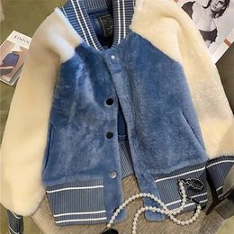 Womens Jackets Blue Lamb Wool Baseball Coat Womens Autumn And Winter Collegiate Style Design Contrast Color Thickened Jacket Top Female 221007