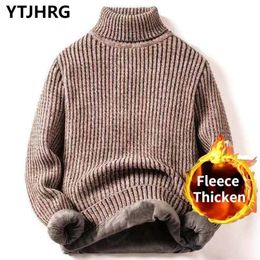 Mens Sweaters Mens Clothing Winter Fleece Thicken Sweaters Pullovers O Neck Knitted Turtleneck Korean Fashion Simple Long Sleeve Warm Solid 221007