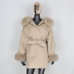 Women's Fur Faux FURBELIEVE Real Coat Winter Jacket Women 100% Natural Collar Cuffs Cashmere Wool Blends Oversize Outerwear 221007