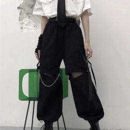 Womens Pants Capris HOUZHOU Gothic Streetwear Womens Cargo Pants with Chain Punk Techwear Black Oversize Korean Fashion Wide Leg Trousers Alt 221007