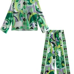Women's Two Piece Pants TRAF Suit Summer Set Women 2 Piece Beach Trouser Printed Long Sleeve Green Blouse Straight Pants Tall Satin Casual 221007