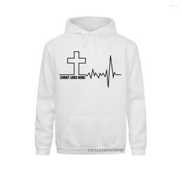 Men's Hoodies Christ Lives Here Cross Heartbeat Christian Jesus Faith Inspirational Sweatshirt Hoodie For Men Male Costume Sportswear